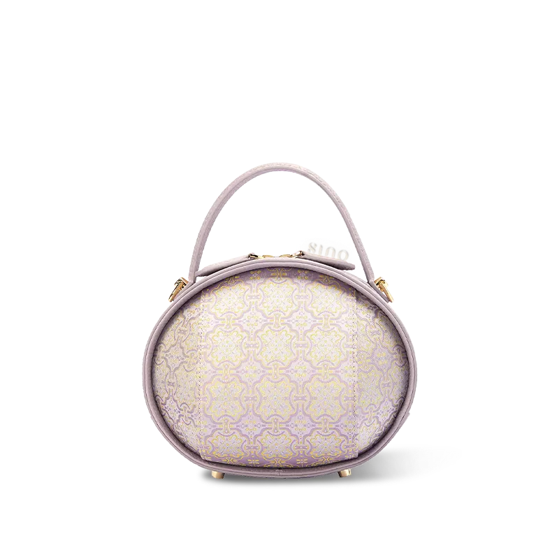 Front view of lavender Song Brocade handbag (Ding Sheng Pattern) on white background.