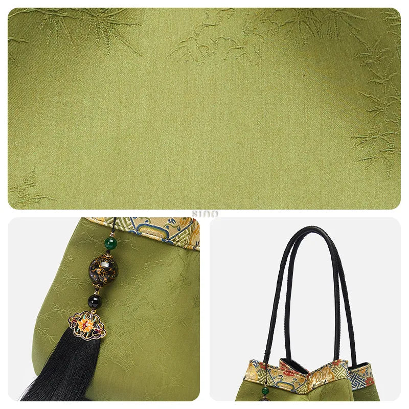 Three-panel detail image of the bucket handbag showing Xiangyunsha silk jacquard, tassel charm, and top handle.