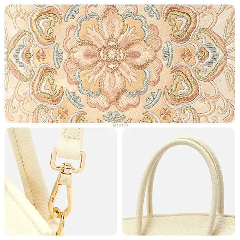 Details of chinoiserie handbag: lotus embroidery, hardware lock, leather handle.