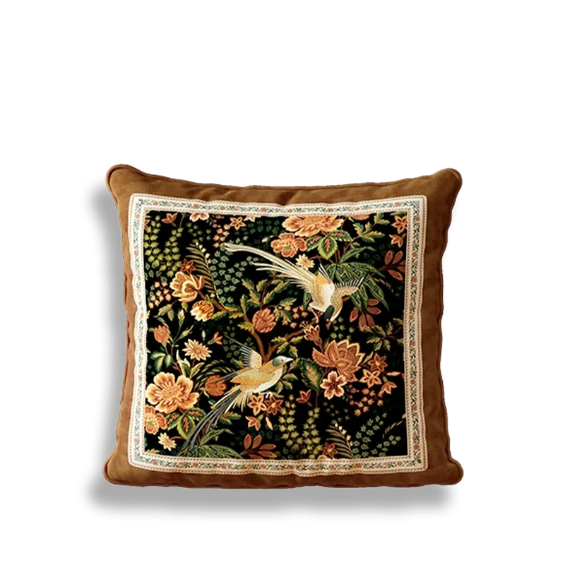 Luxury chinoiserie magpie blossoms pillow, full embroidery.
