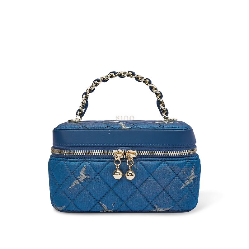 Luxury chinoiserie mulberry silk quilted makeup bag in blue, front view on white background.