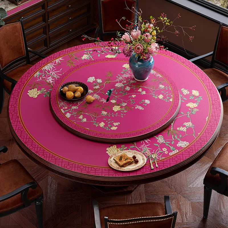 Chinoiserie luxury pink retro floral bird round table mat, full color.