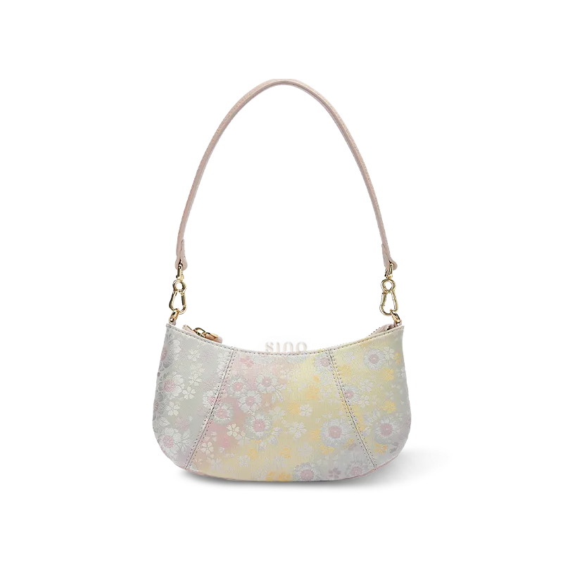 Front view of pink shoulder bag in Chinoiserie style with luxe Song Brocade silk.
