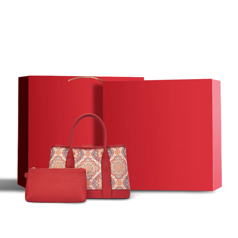Chinoiserie luxury red Song brocade Baoxiang floral motif tote bag with red gift box.