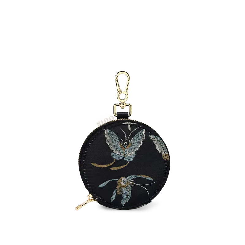 Chinoiserie luxury round ornament wallet with colorful butterfly, black.