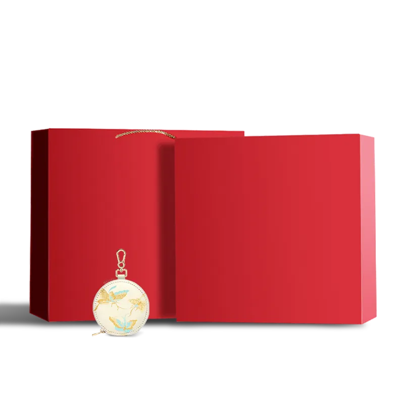 Chinoiserie luxury round ornament wallet with colorful butterfly, white in red gift box.