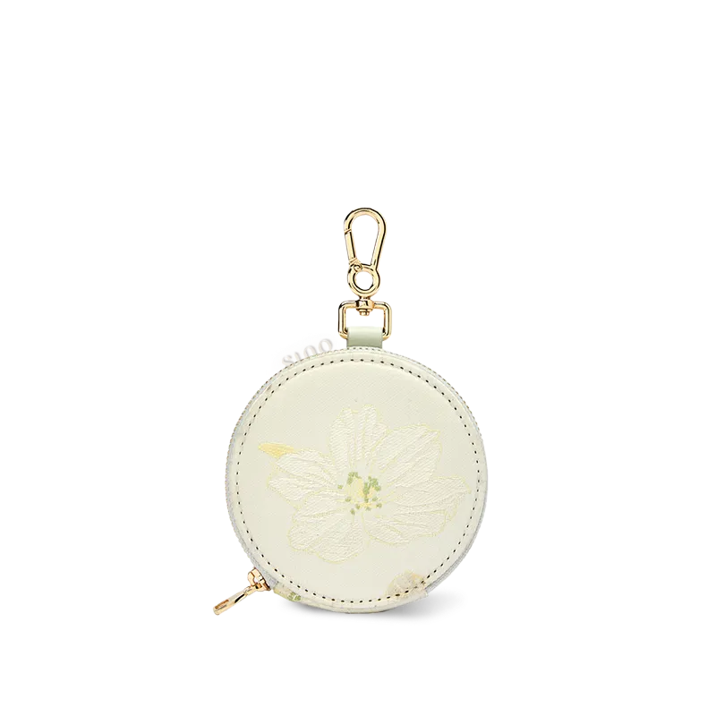 Chinoiserie luxury round ornament wallet with white butterfly, white.