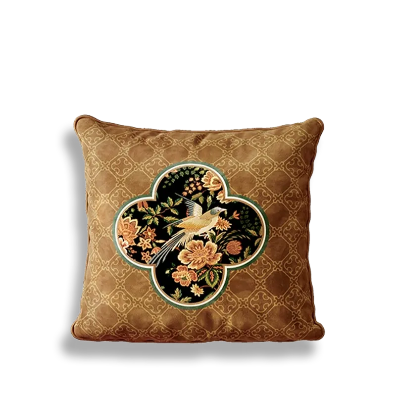 Luxury chinoiserie magpie blossoms pillow, ruyi shape embroidery.