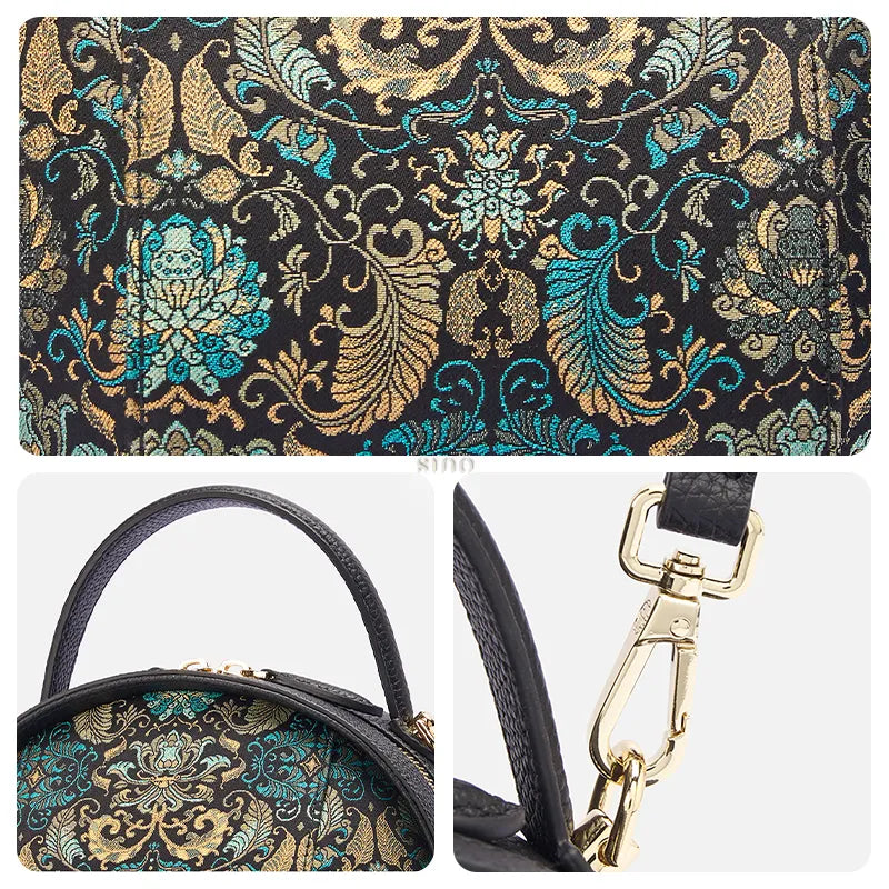 3-panel detail: Song Brocade fabric, leather handle, and metal hardware.