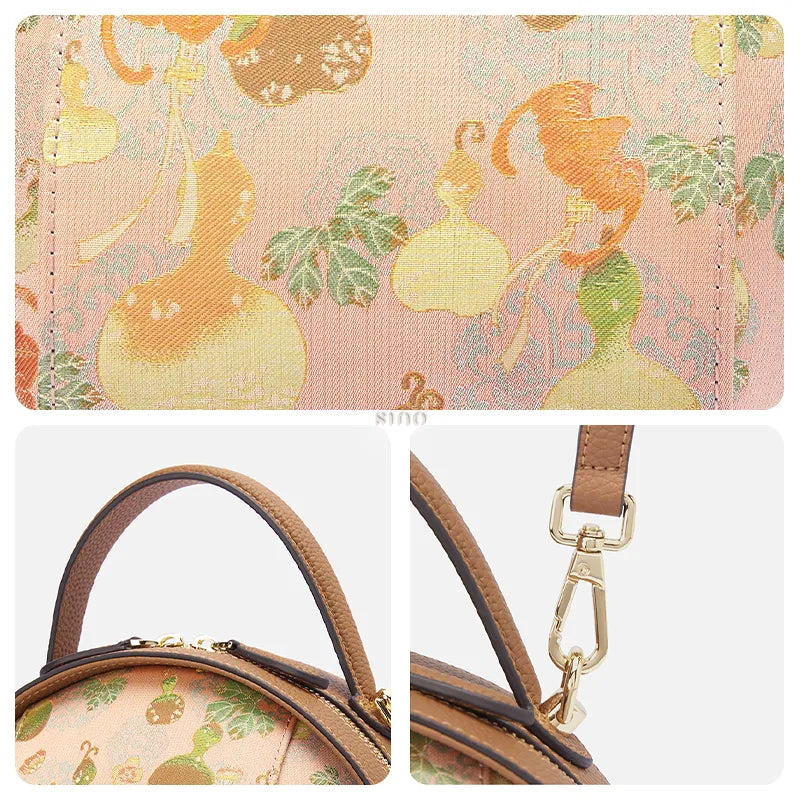 3-panel detail: Song Brocade fabric, leather handle, and metal hardware.