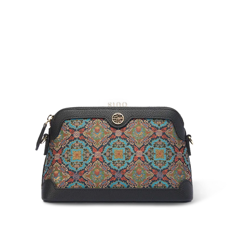 Chinoiserie Luxury Song Brocade Curled Lotus clutch bag on white background, front view.