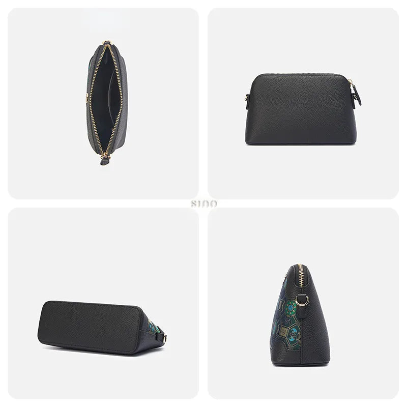 Four-panel detail image of the Lotus & Bat Motif clutch bag showing capacity, back, bottom, and side views.