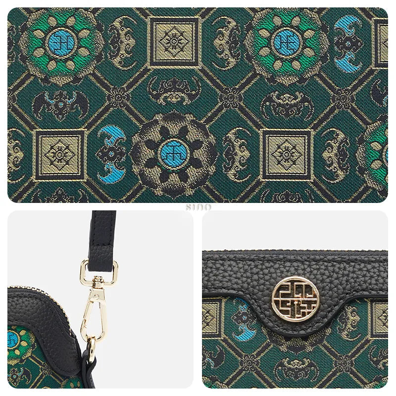 Three-panel detail image of the Lotus & Bat Motif clutch bag showing brocade pattern, hardware strap, logo, and leather texture.