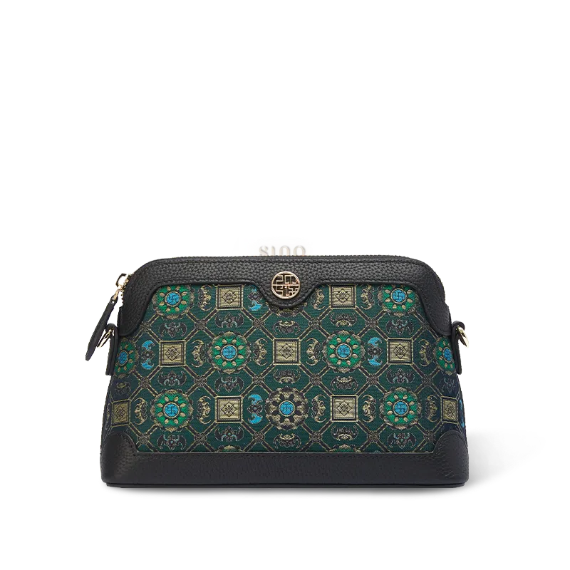 Chinoiserie Luxury Song Brocade Lotus & Bat Motif clutch bag on white background, front view.