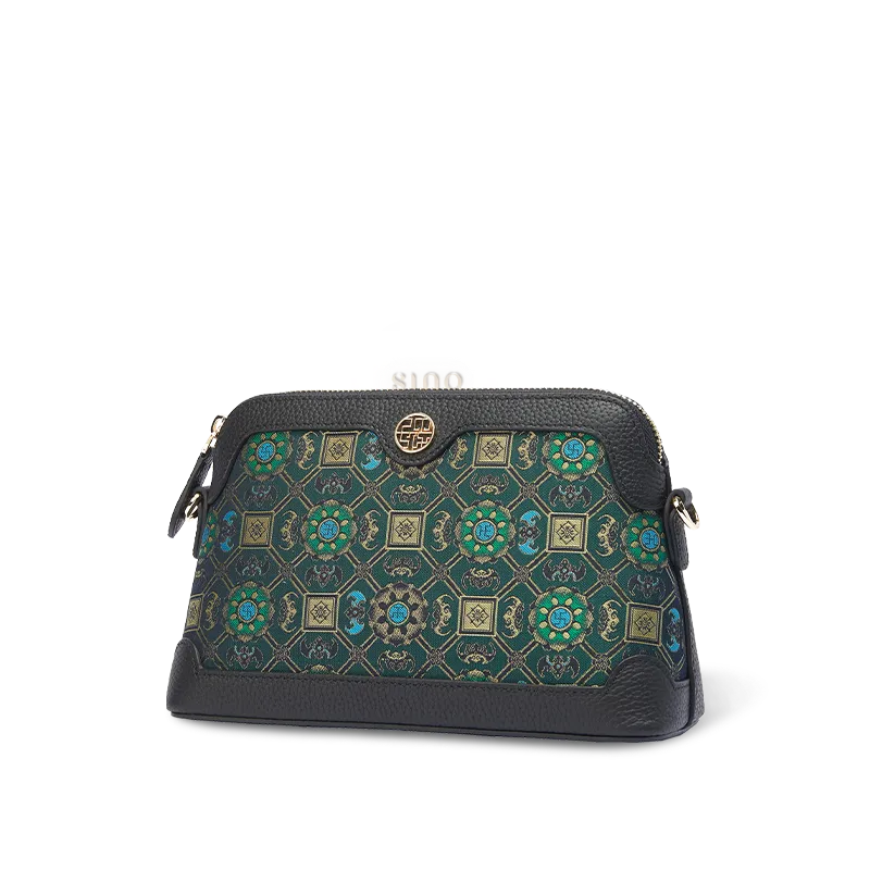 Side view of the Chinoiserie Luxury Song Brocade Lotus & Bat Motif clutch bag on white background.