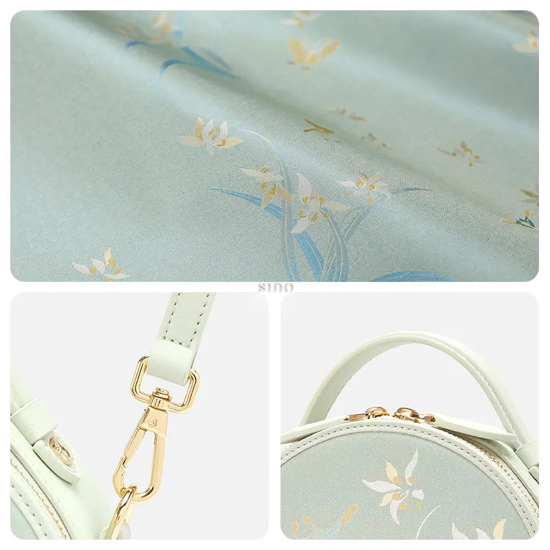 Detail collage of the Chinoiserie Luxury Song Brocade Phalaenopsis Orchid Round Bag showing the orchid motif, handle hardware clasp, and top handle texture.