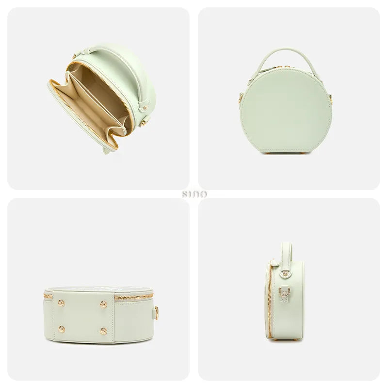 Detail collage of the Chinoiserie Luxury Song Brocade Phalaenopsis Orchid Round Bag showing interior capacity, back leather texture, bottom detail, and side texture.