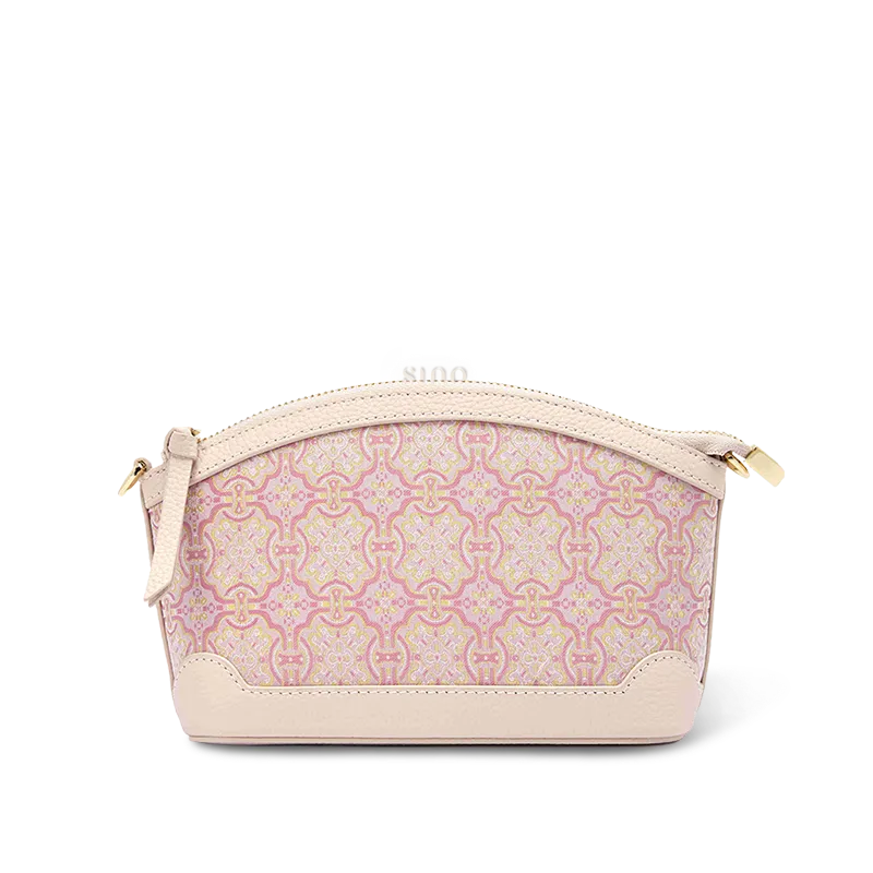 Pink Song Brocade clutch with embroidered Ding Sheng gold motif.