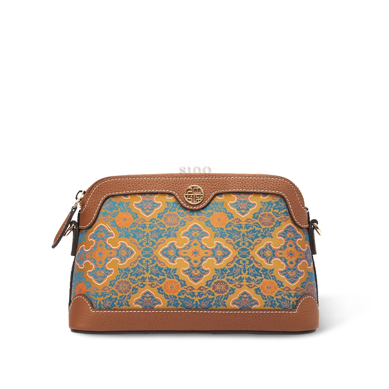 Chinoiserie Luxury Song Brocade Ruyi Motif clutch bag on white background, front view.