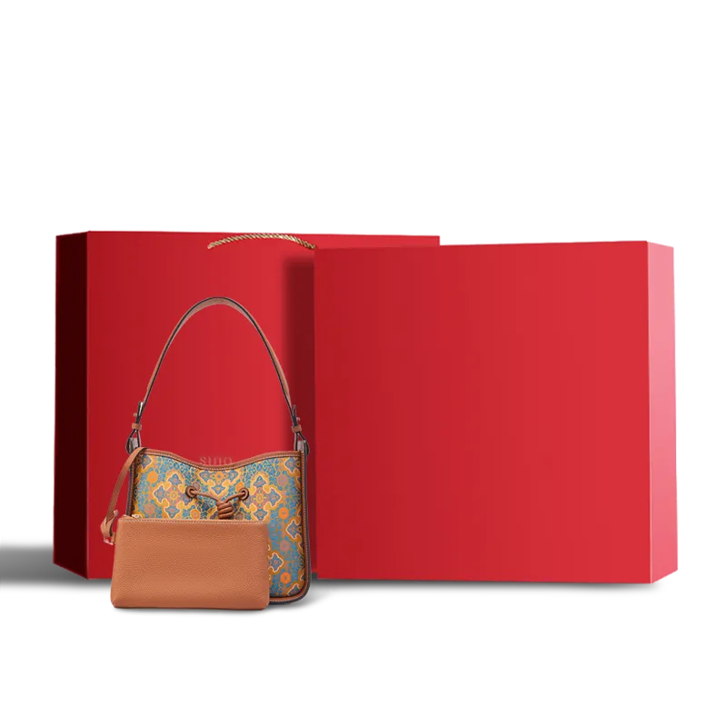 Premium red gift box for silk brocade bag.