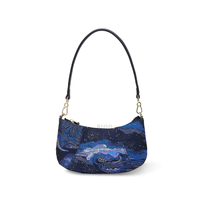 Front view of starry night blue shoulder bag in Chinoiserie style with luxe Song Brocade silk.