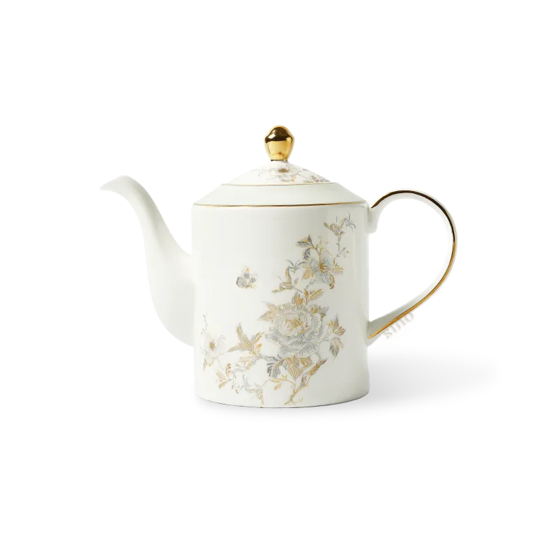 Straight-Sided Bone China Coffee Pot with Butterfly & Floral motif.