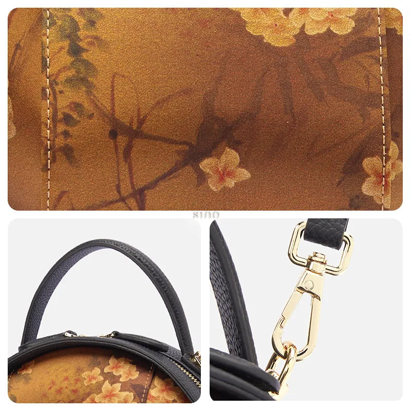 3-panel detail: Xiangyunsha fabric luxury, leather handle, and metal hardware.