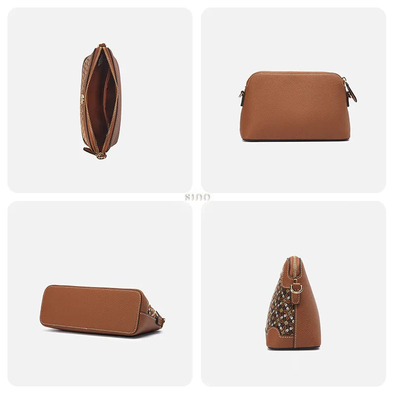 Four-panel detail image of the Osmanthus Motif clutch bag showing capacity, back, bottom, and side views.