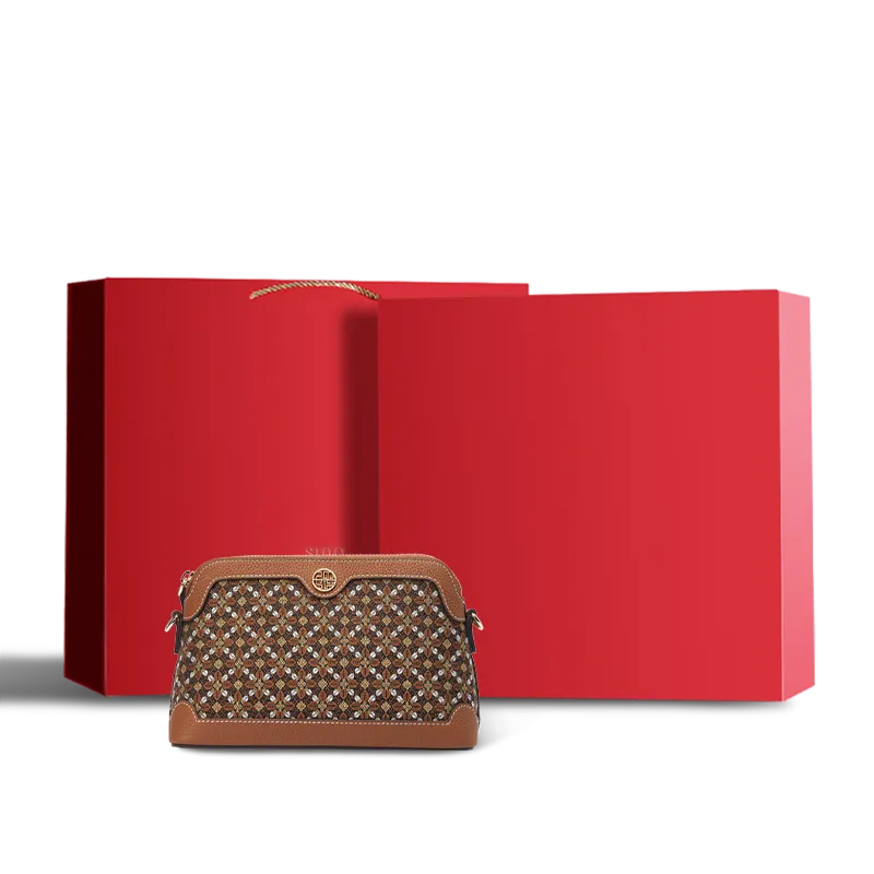 Chinoiserie Luxury Zhuang Brocade Osmanthus Motif clutch bag in a red gift box.