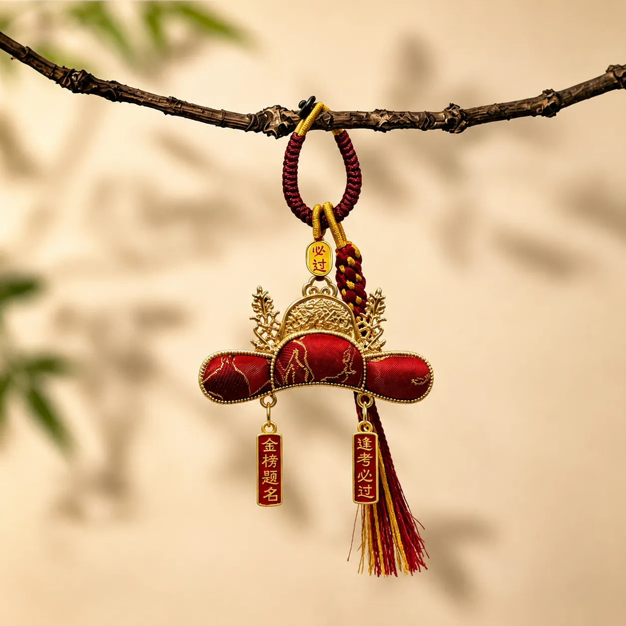 Chinoiserie Nanjing Yunjin Brocade Imperial Scholar Hat Bag Charm in red and gold, featuring “Pass Every Exam” and “Achieve Top Honors” auspicious exam wishes.