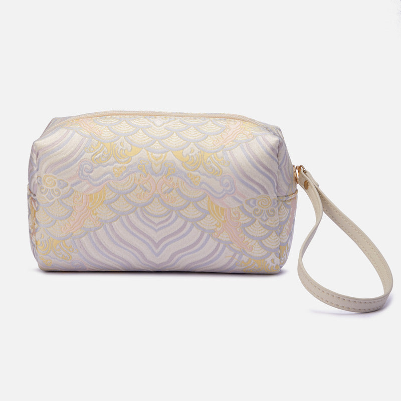 Chinoiserie Luxury Pastel Beige Brocade Wallet – Front View on White Background.