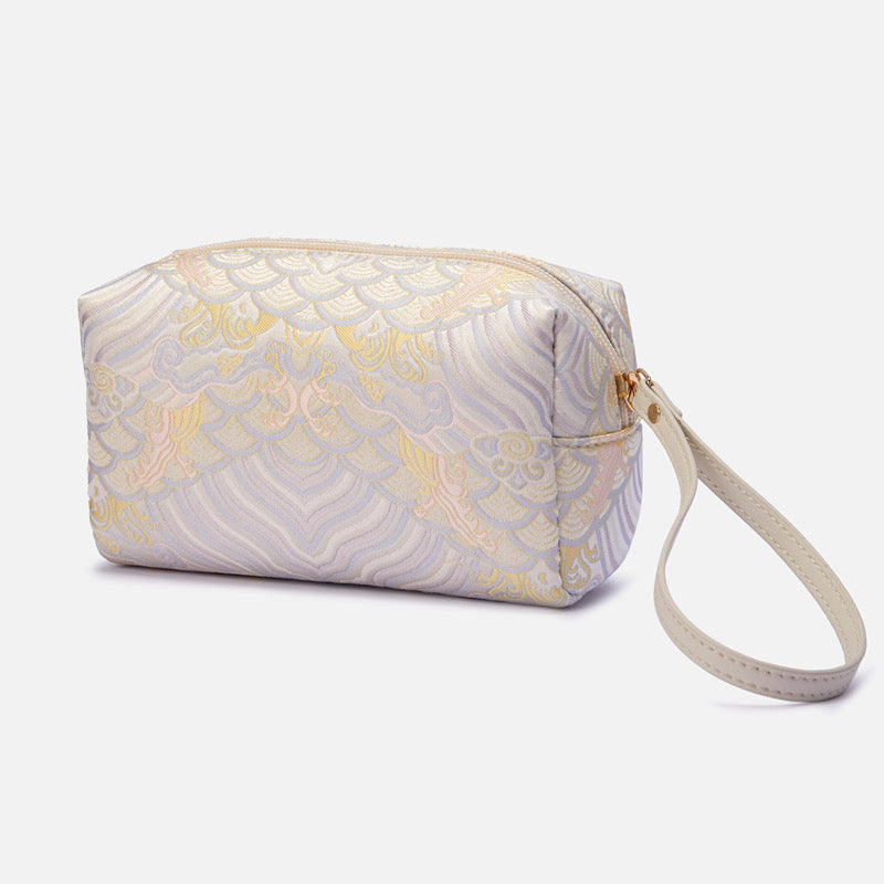 Chinoiserie Luxury Pastel Beige Brocade Wallet – Side Profile on White Background.