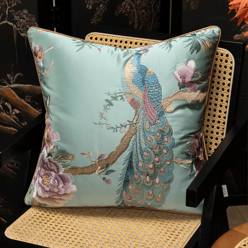 Chinoiserie Peony and Peacock Embroidered Throw Pillow for Sofa Bed Decor - SinoCultural -- SJZBZ083B45A