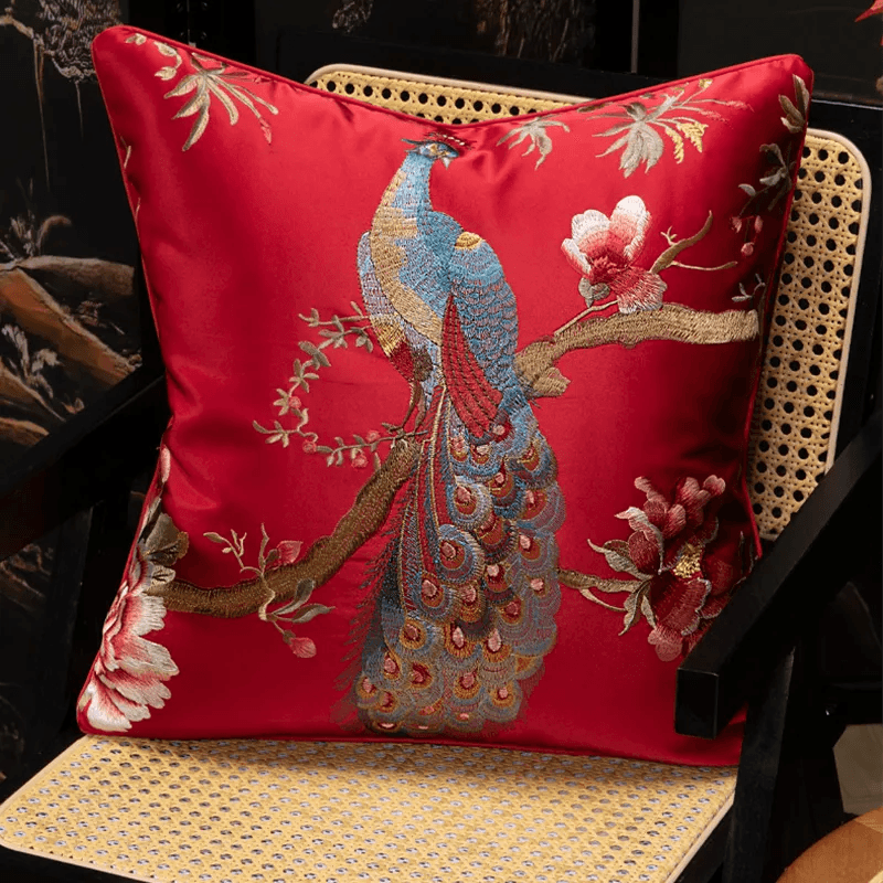 Chinoiserie Peony and Peacock Embroidered Throw Pillow for Sofa Bed Decor - SinoCultural -- SJZBZ083B45A