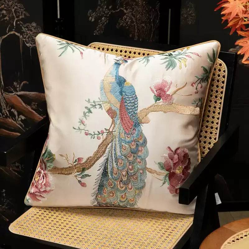 Chinoiserie Peony and Peacock Embroidered Throw Pillow for Sofa Bed Decor - SinoCultural -- SJZBZ083B45A
