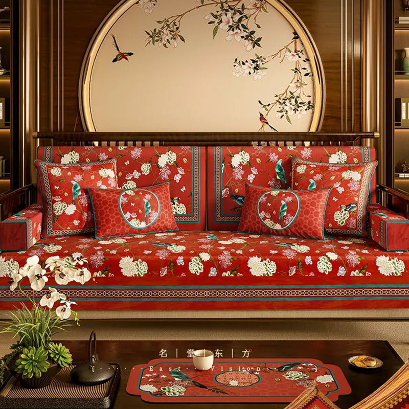 Royal red sofa protective pad with magpie and hydrangea motif, inspired by Chinese porcelain.