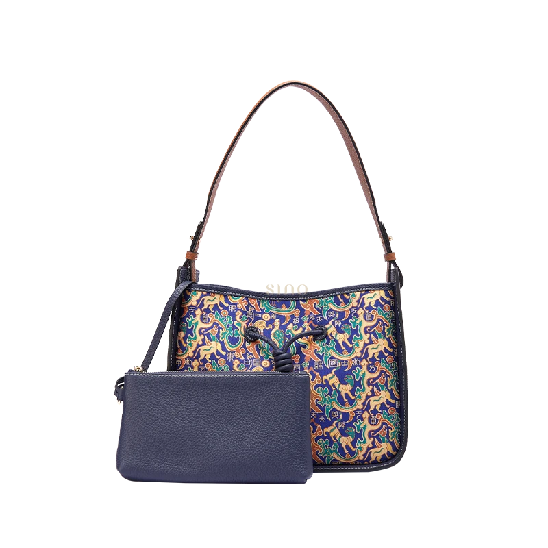 Guardian Blessing large leather shoulder bag with pouch, front view, a Chinese brocade handbag for women.