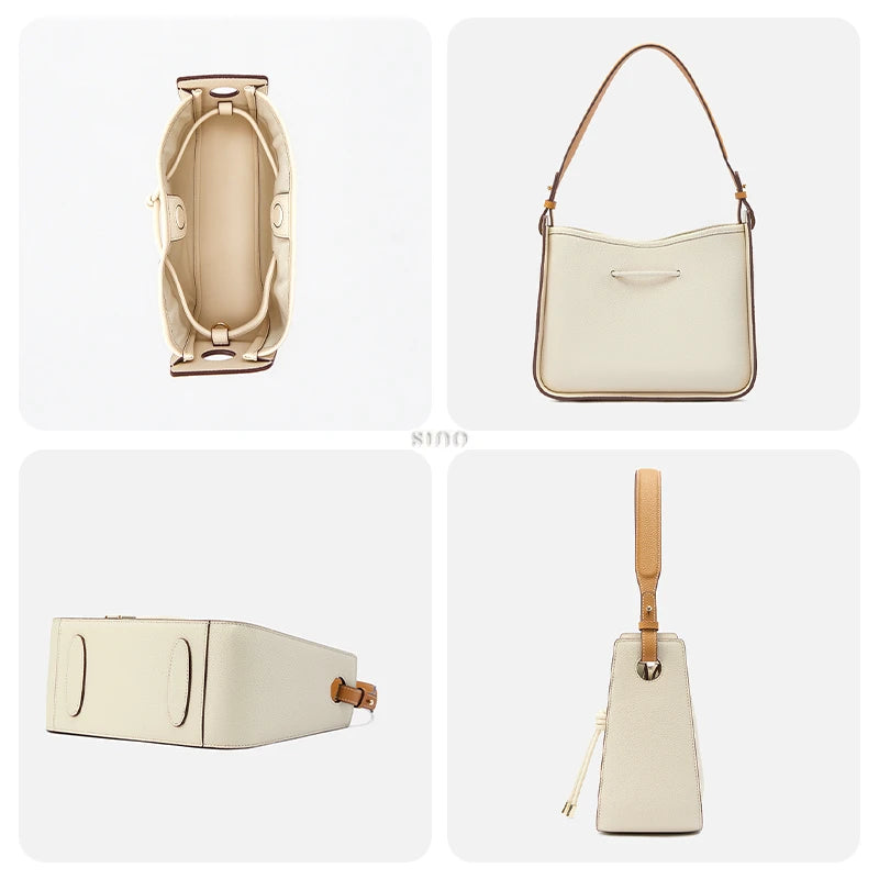 Peony Dream large shoulder bag details showing the interior, leather back, structured base, and side profile.