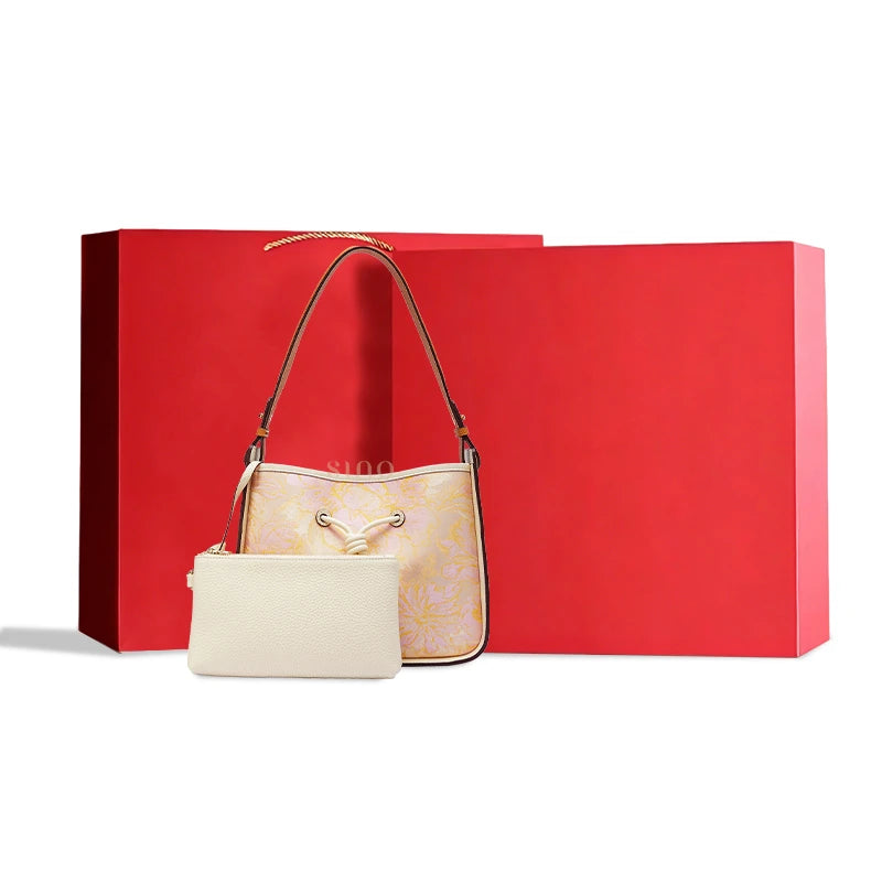 Chinoiserie Shu Brocade shoulder bag with matching pouch and gift box, a Chinese-inspired gift for women.