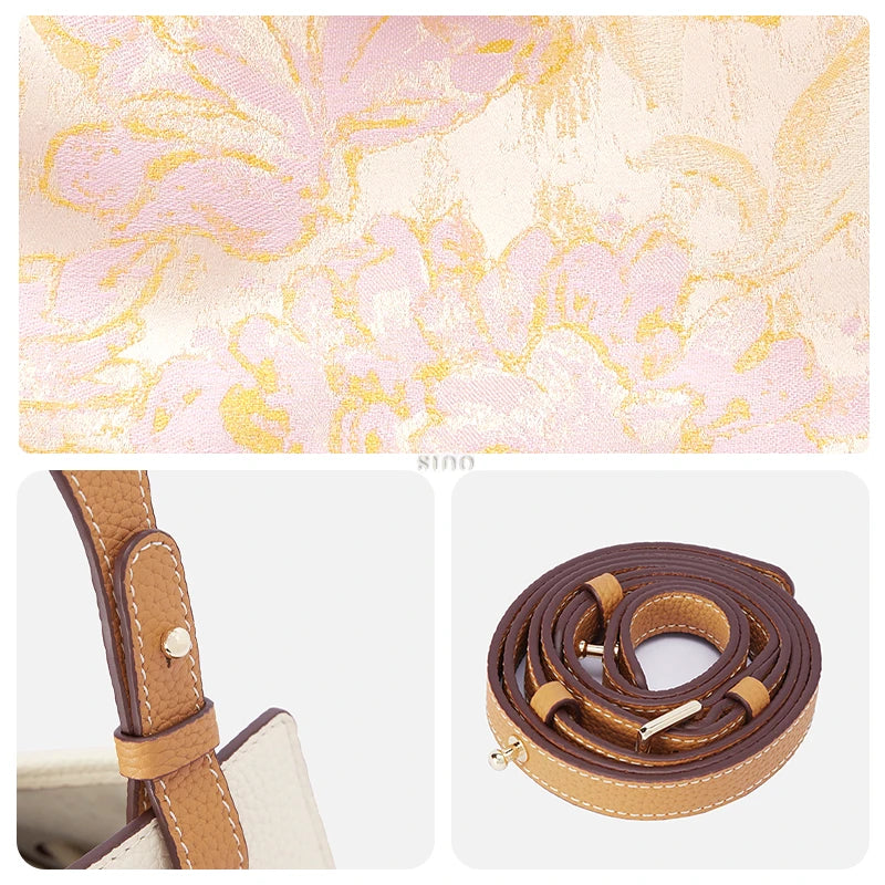 Close-up of the Peony Dream Shu Brocade motif, leather shoulder strap, and hardware details on this Chinese brocade handbag.