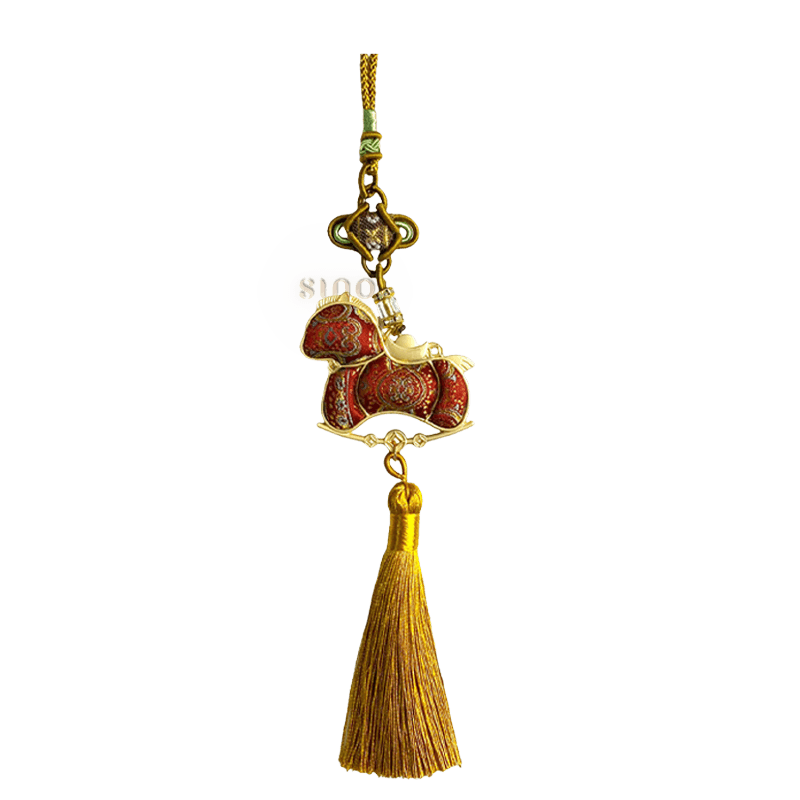 Red Song brocade red Ruyi horse bag charm with gold-toned metalwork, an auspicious knot, and a long golden tassel.
