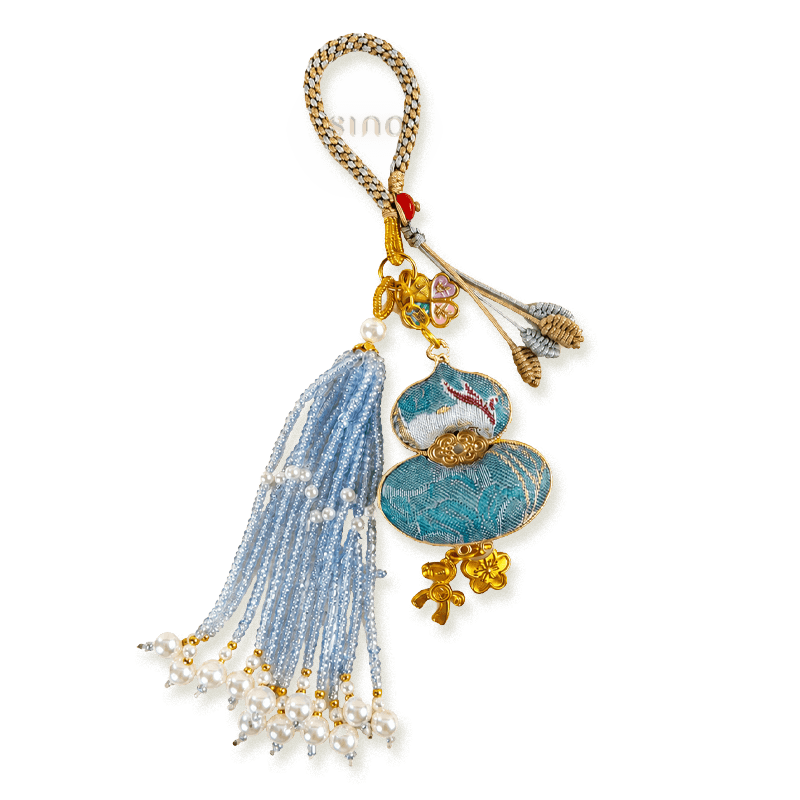 Blue Chinoiserie Song Brocade auspicious hulu pearl tassel bag charm with gold-tone hardware, pearl tassels, and decorative lucky charms.