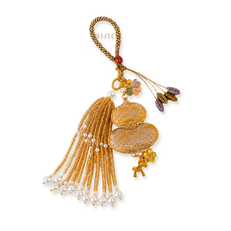 Gold Chinoiserie Song Brocade auspicious hulu pearl tassel bag charm with gold-tone hardware, pearl tassels, and decorative lucky charms.