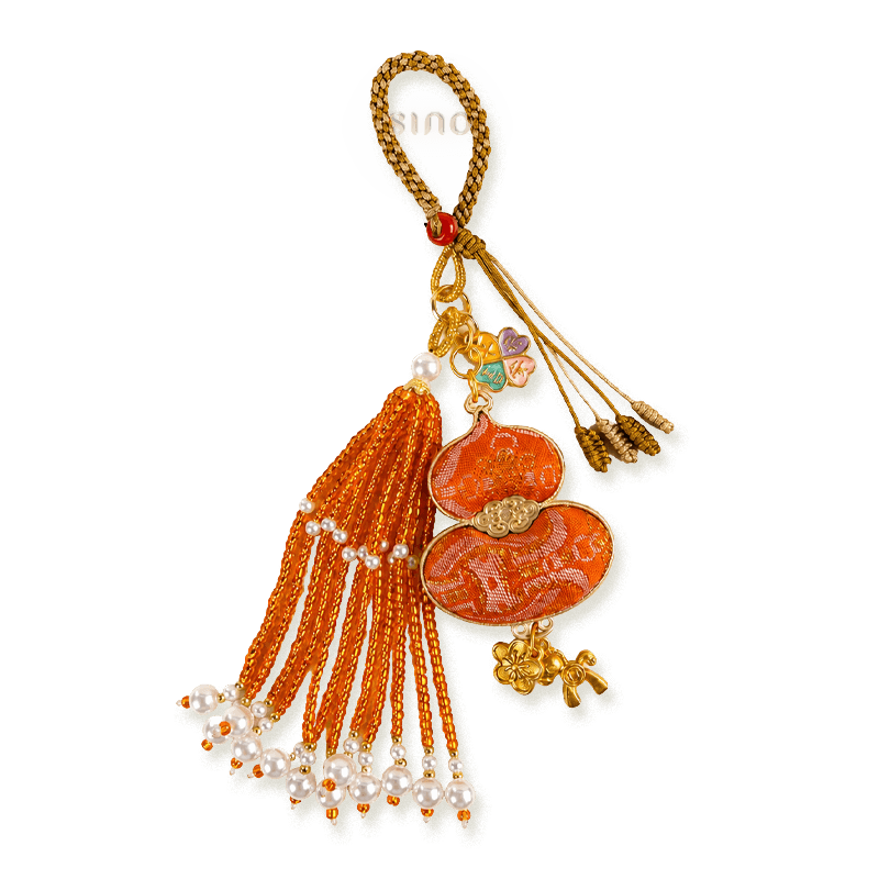 Orange Chinoiserie Song Brocade auspicious hulu pearl tassel bag charm with gold-tone hardware, pearl tassels, and decorative lucky charms.