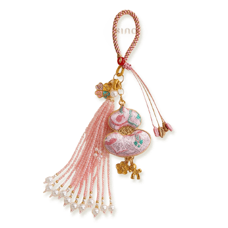 Pink Chinoiserie Song Brocade auspicious hulu pearl tassel bag charm with gold-tone hardware, pearl tassels, and decorative lucky charms.