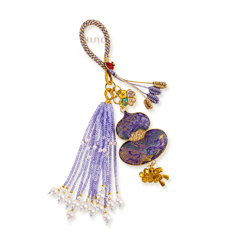 Purple Chinoiserie Song Brocade auspicious hulu pearl tassel bag charm with gold-tone hardware, pearl tassels, and decorative lucky charms.