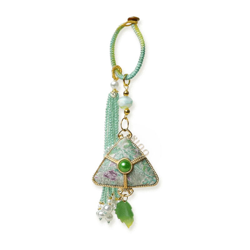 Green Chinoiserie Song Brocade auspicious zongzi tassel bag charm with pearl tassels, gold-tone trim, and a leaf pendant.