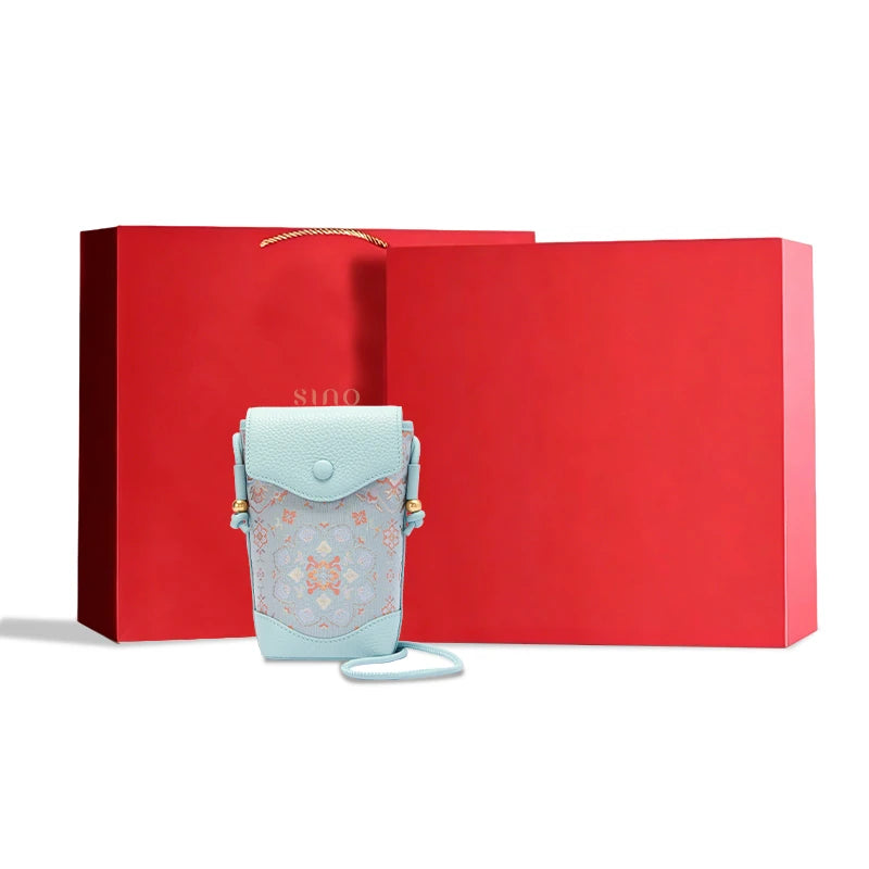 Chinoiserie Song Brocade crossbody phone bag with gift box, a Chinese-inspired gift for women.
