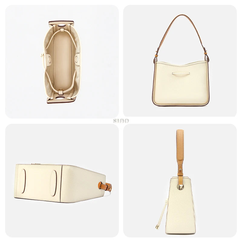 Seasonal Grace large shoulder bag details showing the interior, leather back, structured base, and side profile.