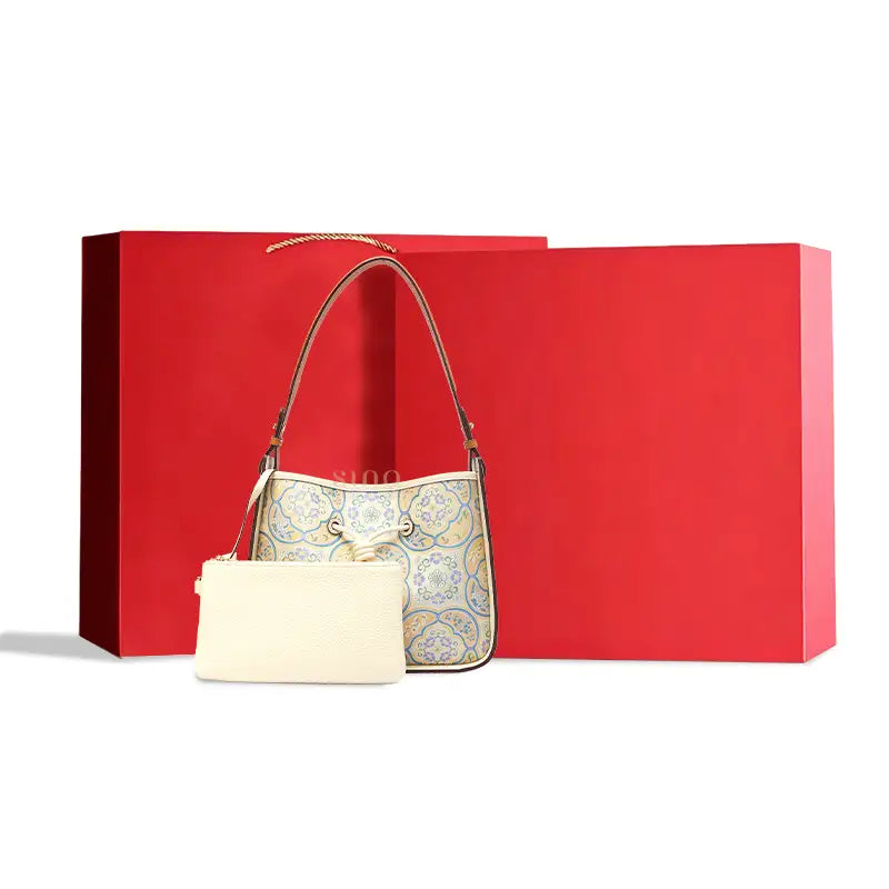Chinoiserie Song Brocade shoulder bag with matching pouch and gift box, a Chinese-inspired gift for women.